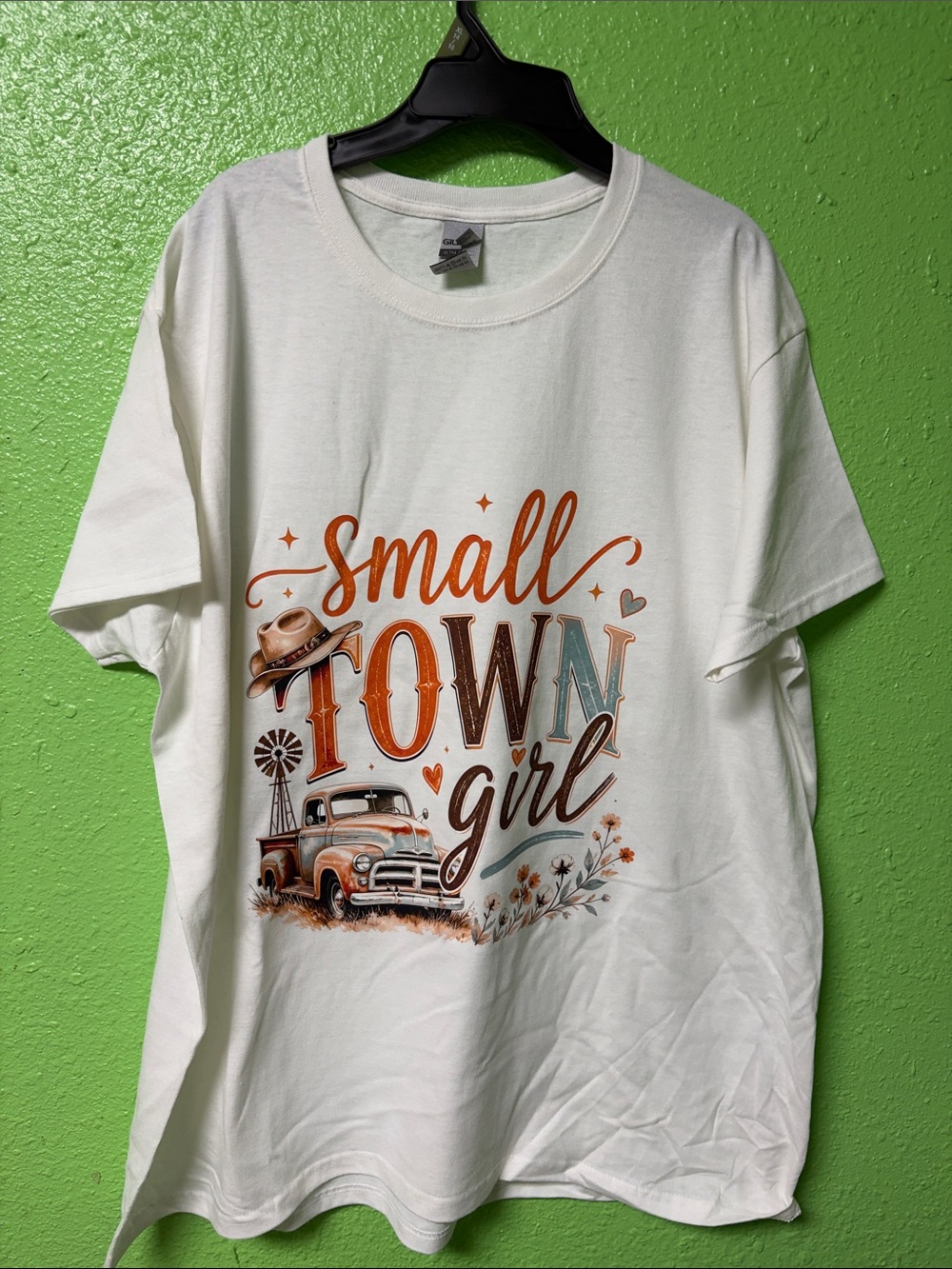 Gildan White 'Small Town adult Graphic Tee with Orange & Blue Accents